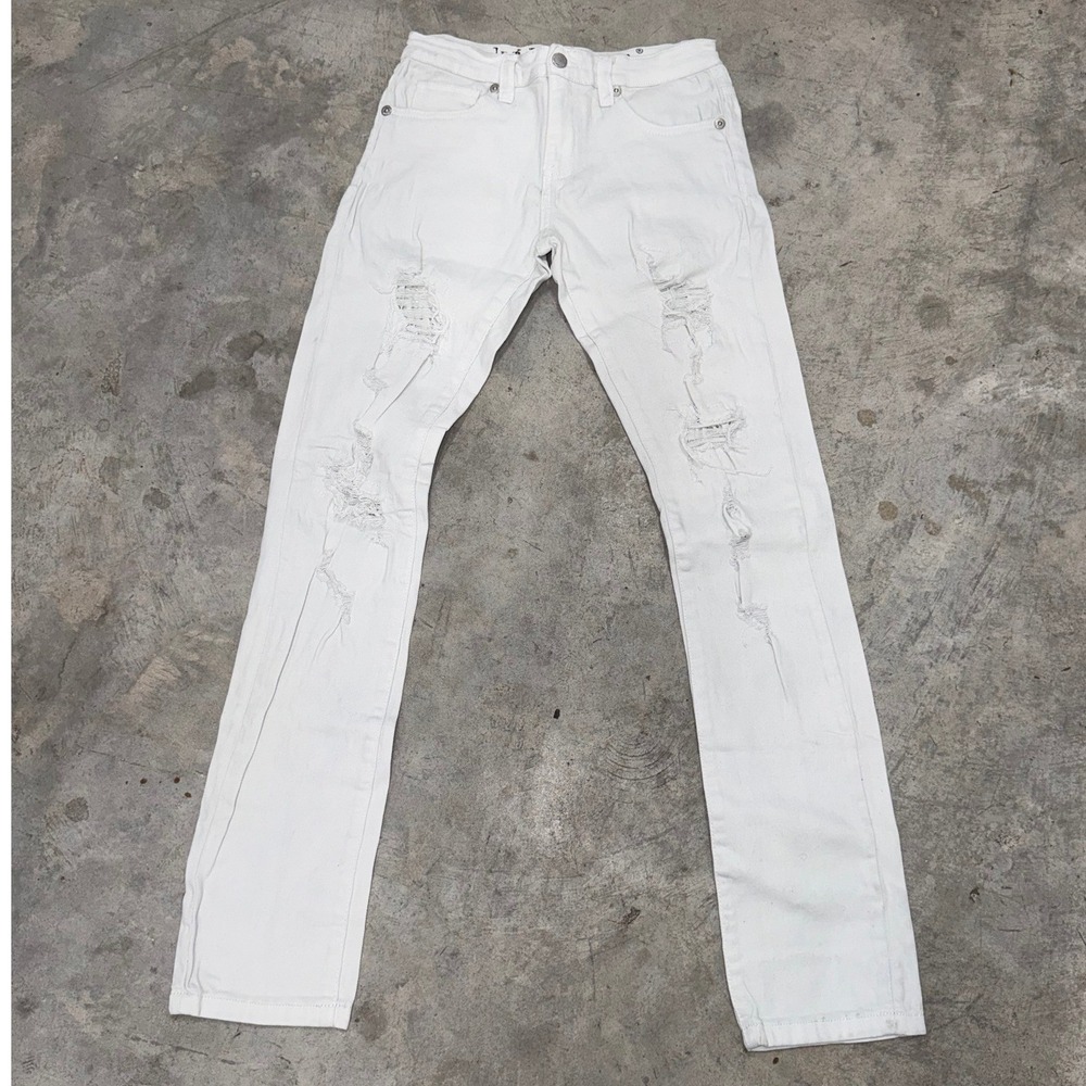 Kilogram White Jeans Mens 30 Distressed Rhinestone Slim Fit Streetwear Denim